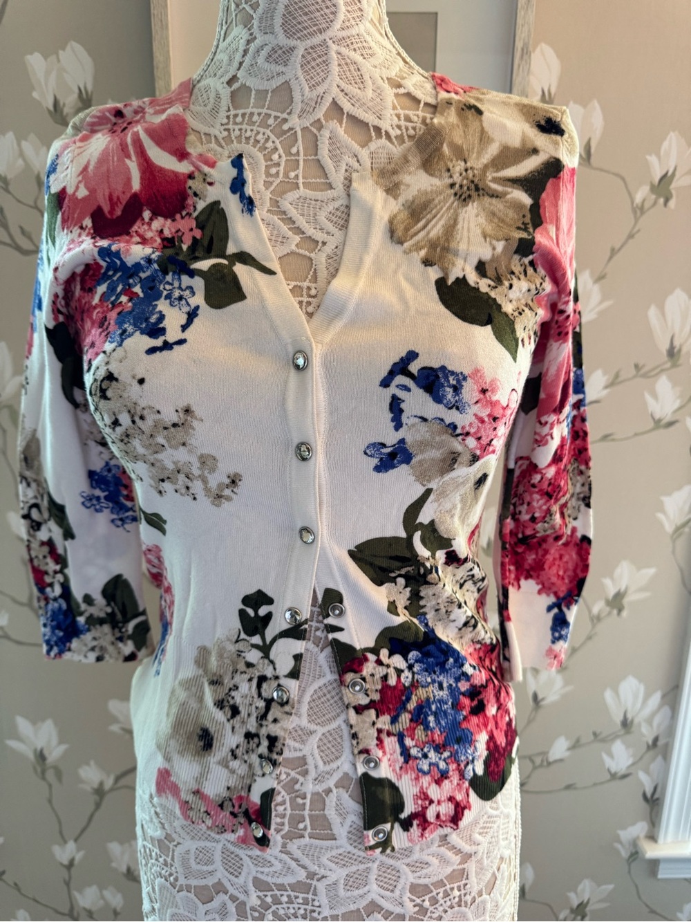 White House Black Market Floral Button-Front Cardigan in White, Pink, Blue